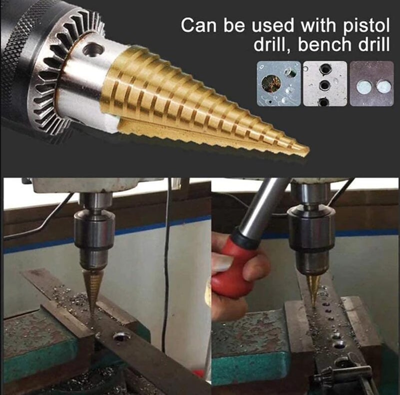 Chiloskit 3 Pcs HSS Step Drill Bit, High Speed Steel Titanium Coated Large Hole Step Bits for Metal Wood Plastic, 4-12/20/32mm - Image 5